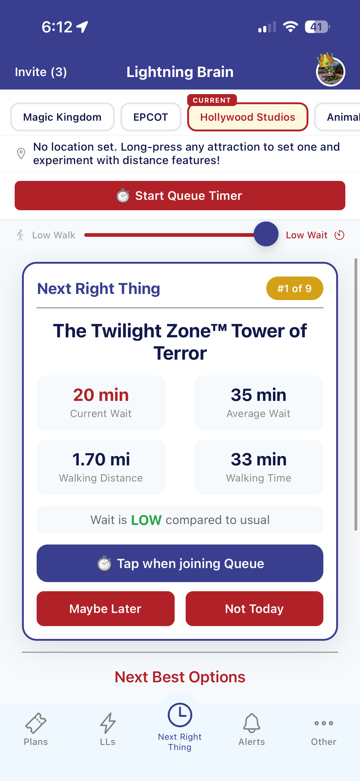 The Next Right Thing card suggesting a single move based on your location, wait times, and the Low Walk to Low Wait preference.