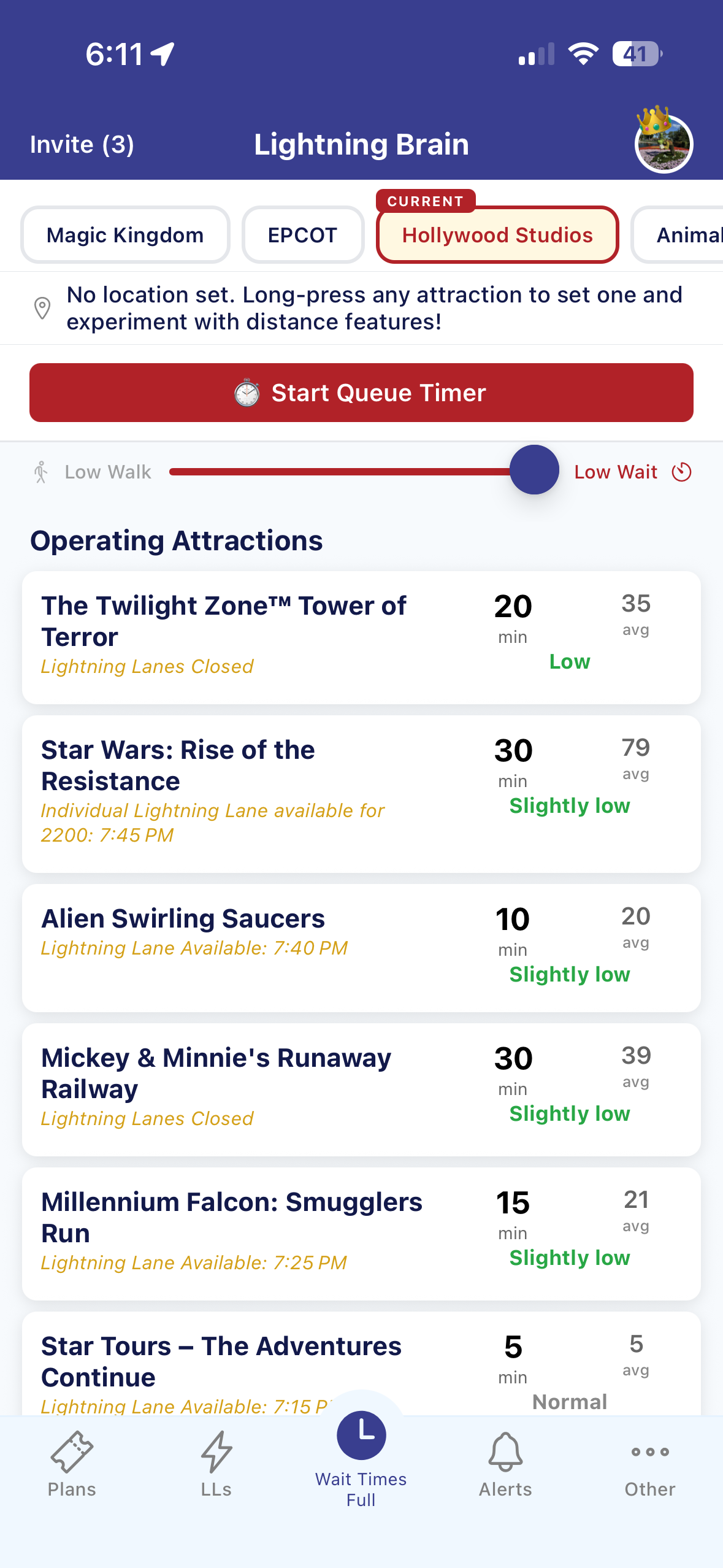 The live wait-times list in LightningBrain, showing walk time versus wait time with the Low Walk to Low Wait preference slider
