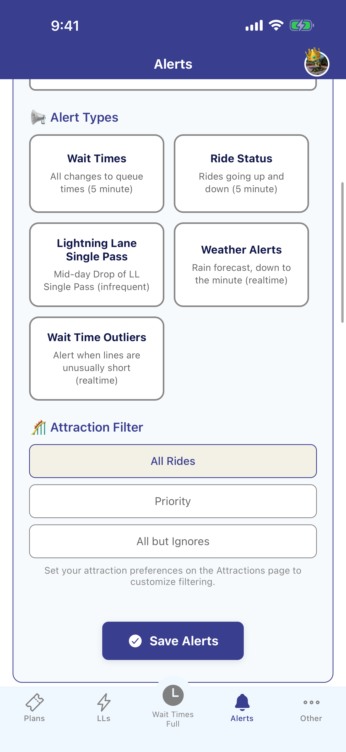 Alerts setup screen where you pick which alert types to turn on, like outages and wait spikes, by park day.
