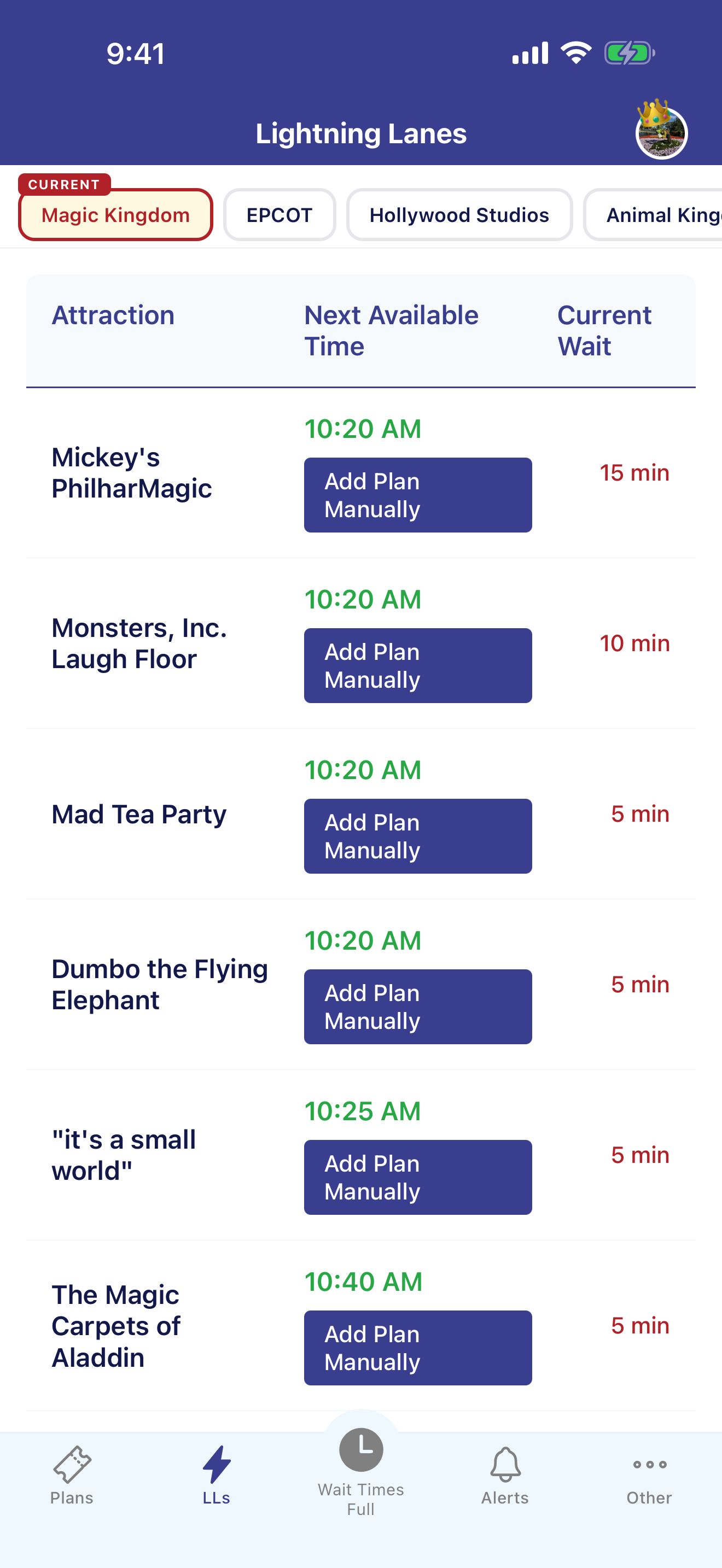 Lightning Lane availability tracked live alongside your next booking.