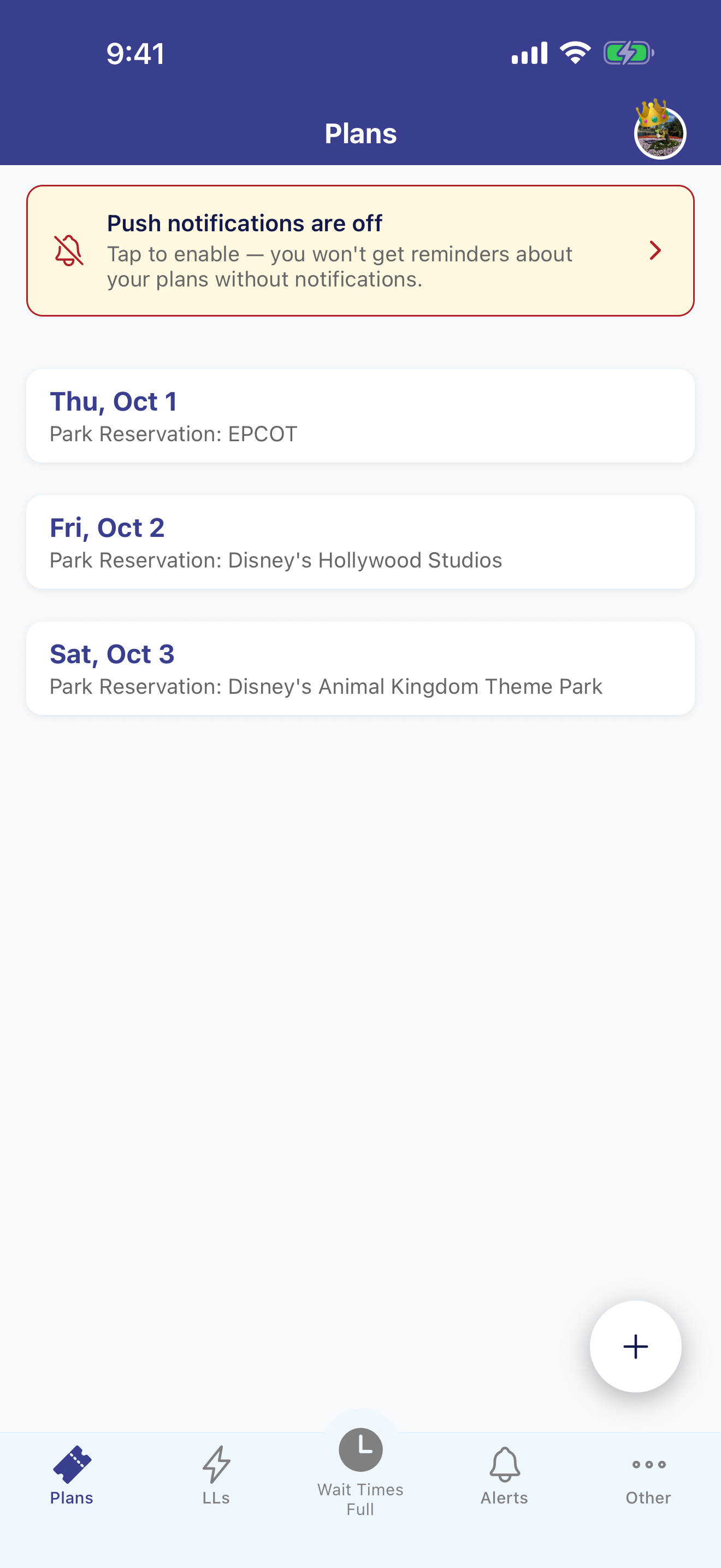 The Planning tools screen bringing Shows, Day Plans, Available Lightning Lanes, Park Hop Helper, Alerts, and Weather into one place.