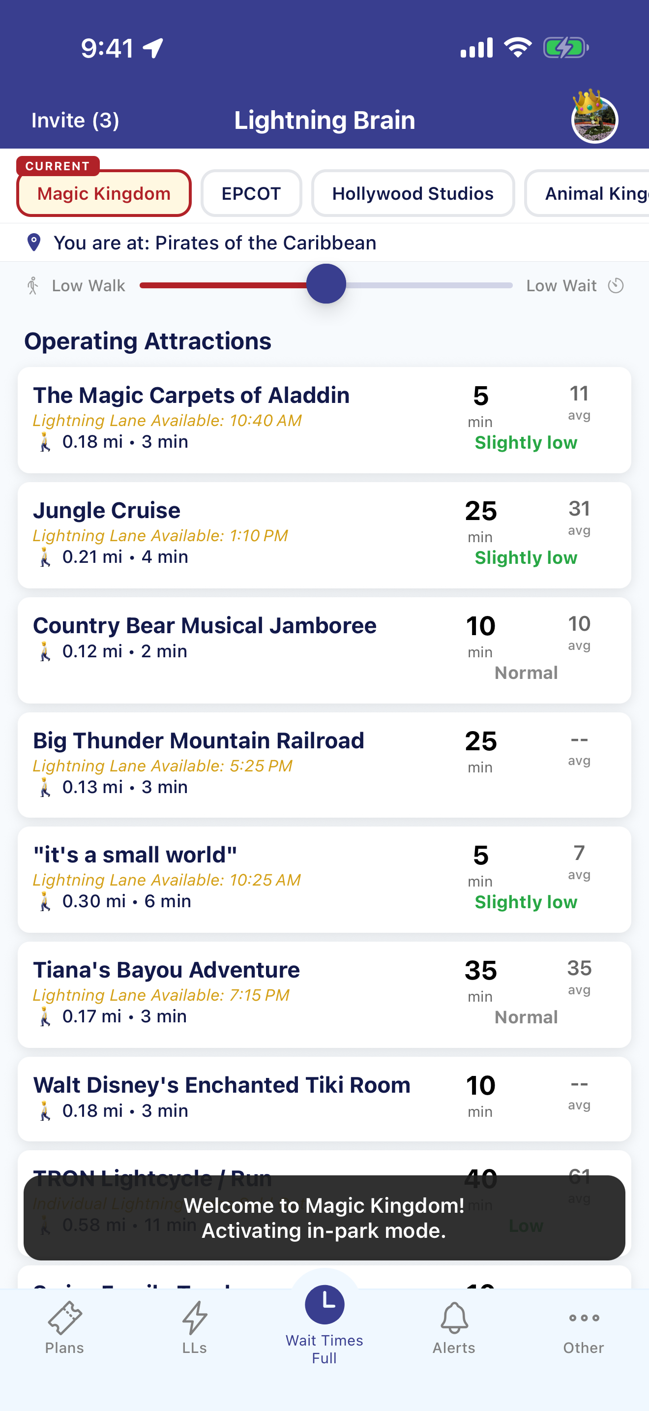 Live wait times synced with My Disney Experience, shown across every attraction in the park.
