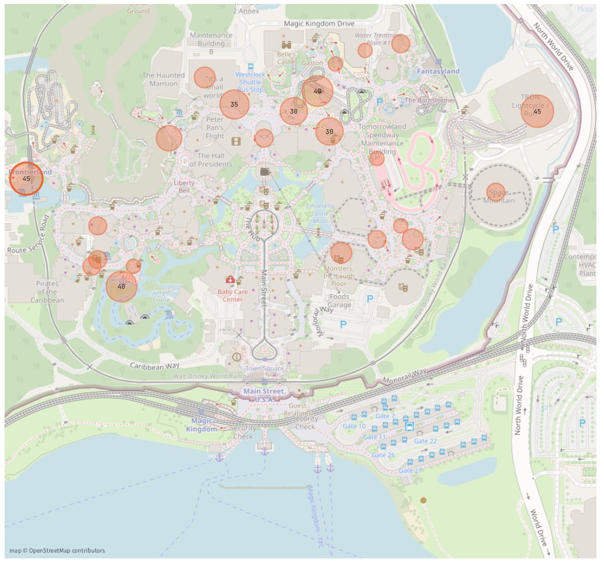 A park map with bubbles sized by posted wait time, showing where crowding concentrates